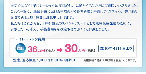 両目36万円（税込）が30万円（税込） 2010年4月1日より （片目手術の場合は18万円（税込）となります）※別途、適応検査 5,000円（2011年1月より）